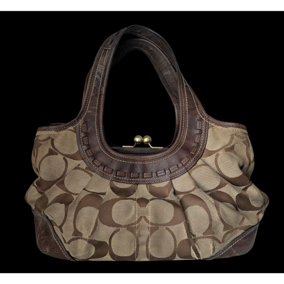 Coach Ergo Pleated Kisslock Shoulder Bag Brown Tan Signature Logo 12232 AS IS - Picture 1 of 16